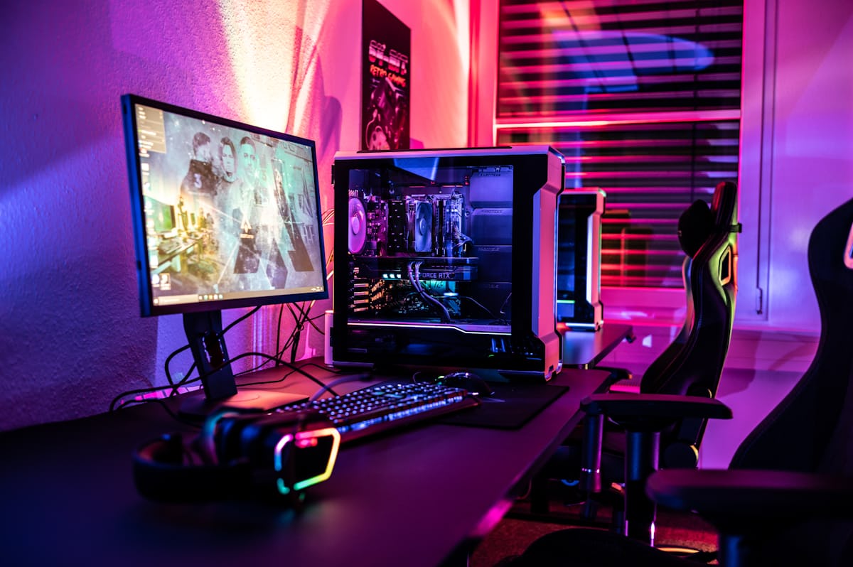Late-night gaming session with neon lights